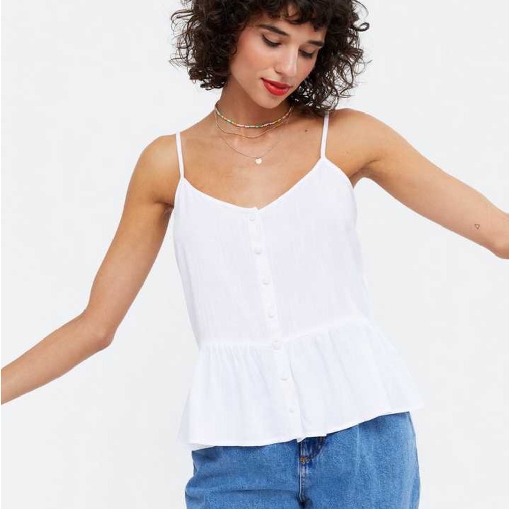RIVER ISLAND White Sleeveless Button Front Peplum Top Size UK 10 US 6